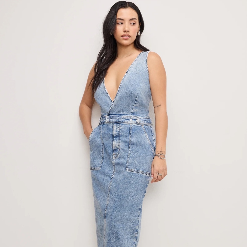 Good American blue denim Fit for Success V Neck Maxi Dress $189 size L